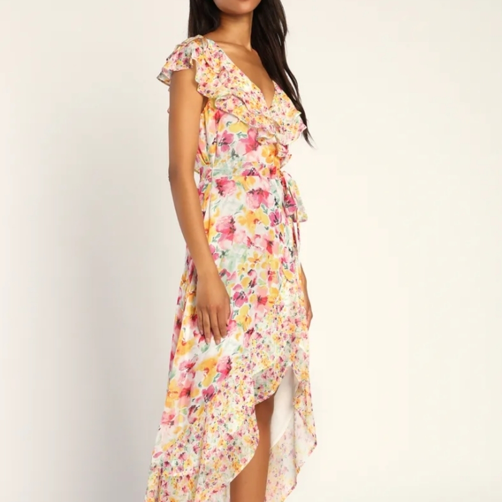 𝅺Vibrant Floral Flutter Sleeve Hi Low Maxi Flower Dress - Picture 2 of 12